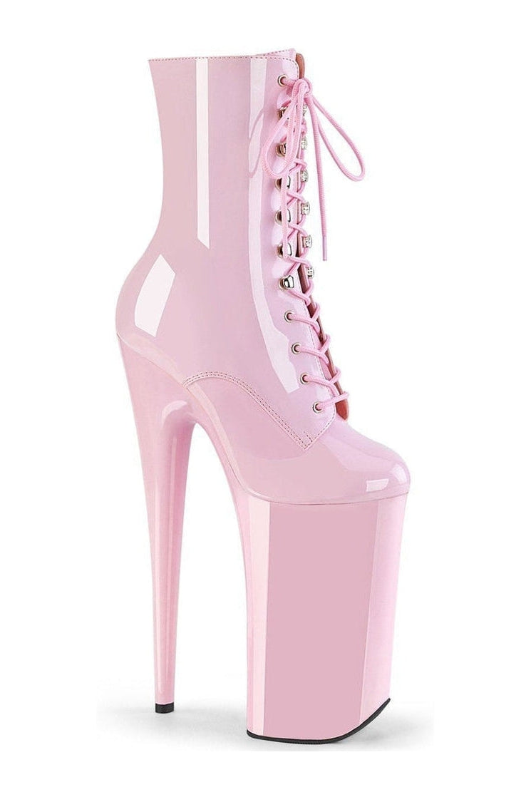 Pleaser BEYOND-1020 Pink Patent Exotic Ankle Lace - Up Boots with Side Zipper