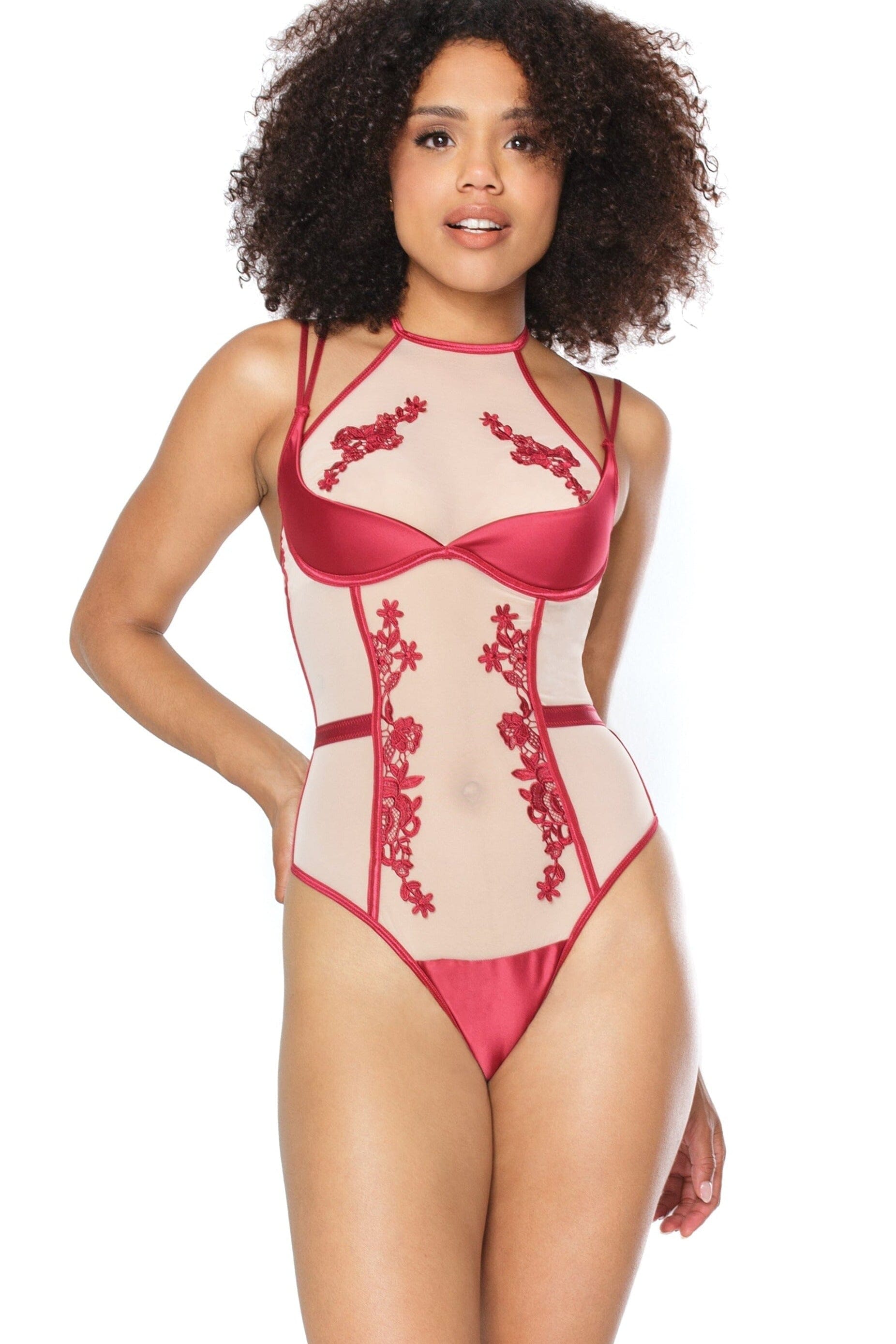 Women's Intimate Apparel - Lightly Padded Cup Teddy Featuring High Neckline and Detachable Thong Back