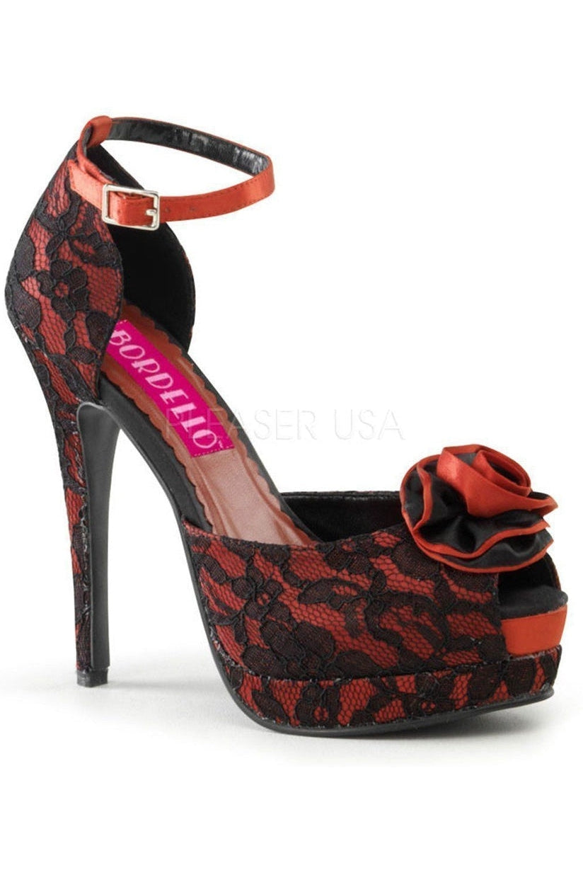 BELLA-17 Black Genuine Satin Peep Toe Pump with Rose Detail