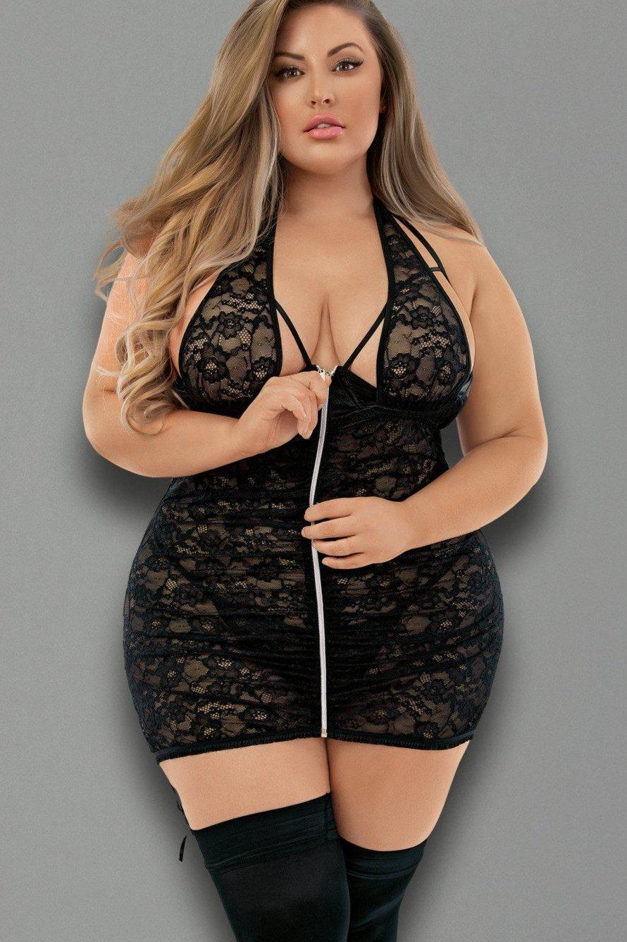 Full - Figured Zip - Front Chemise Set with Stockings for Women
