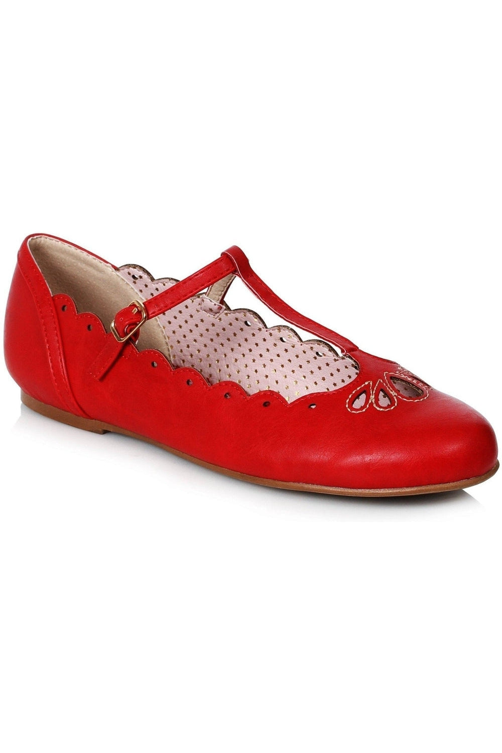 Bettie Page Maila Classic Vintage Flat T-Strap Shoes in Red Faux Leather
