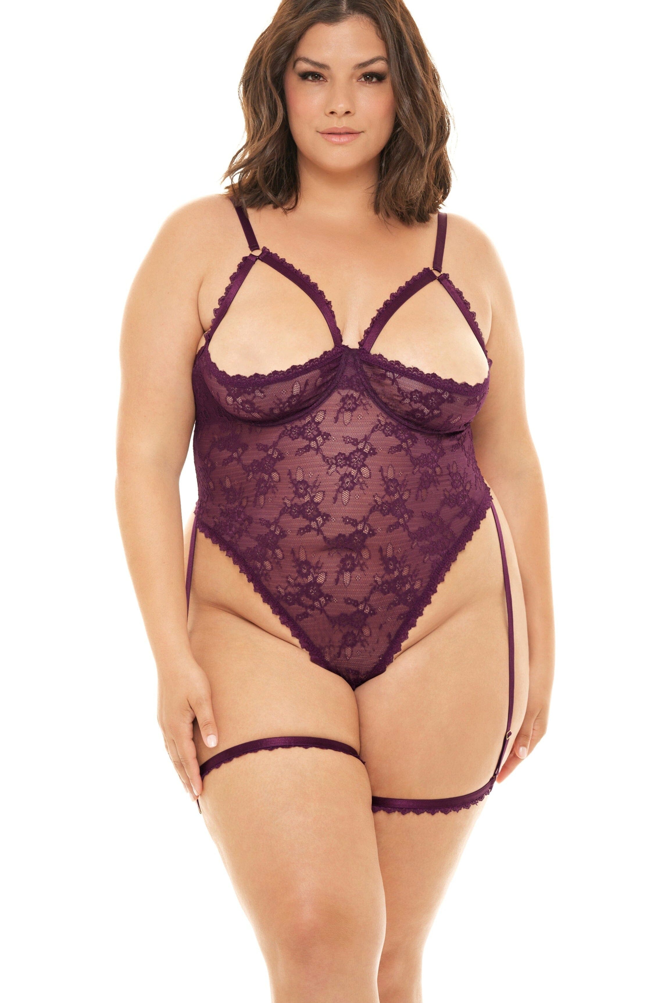 Plus Size Open Shelf Cup Cutout Triangle Top Teddy with Decorative Garter Stays