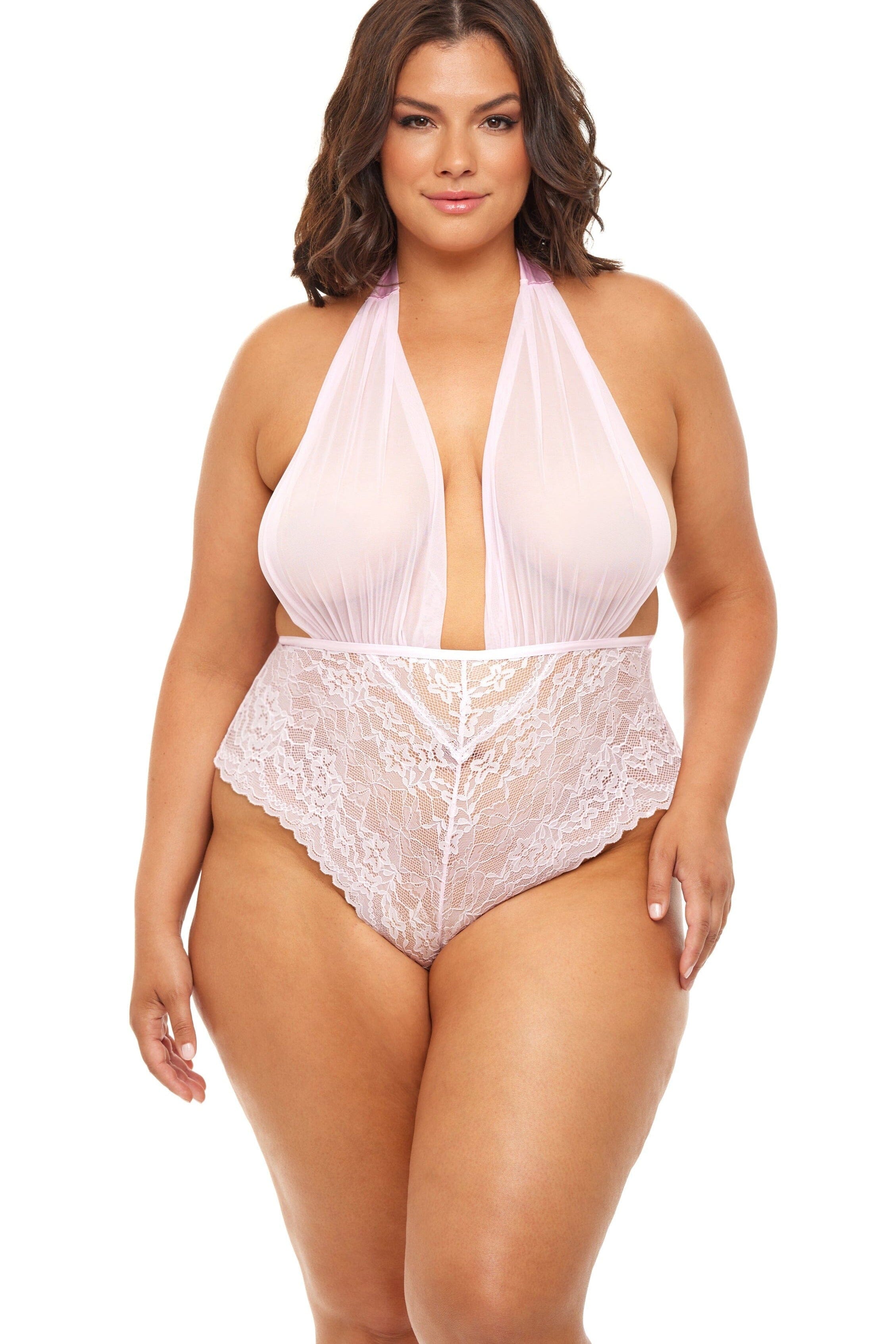 Plus Size V-Plunge Mesh Halter Teddy for a Stylish Look