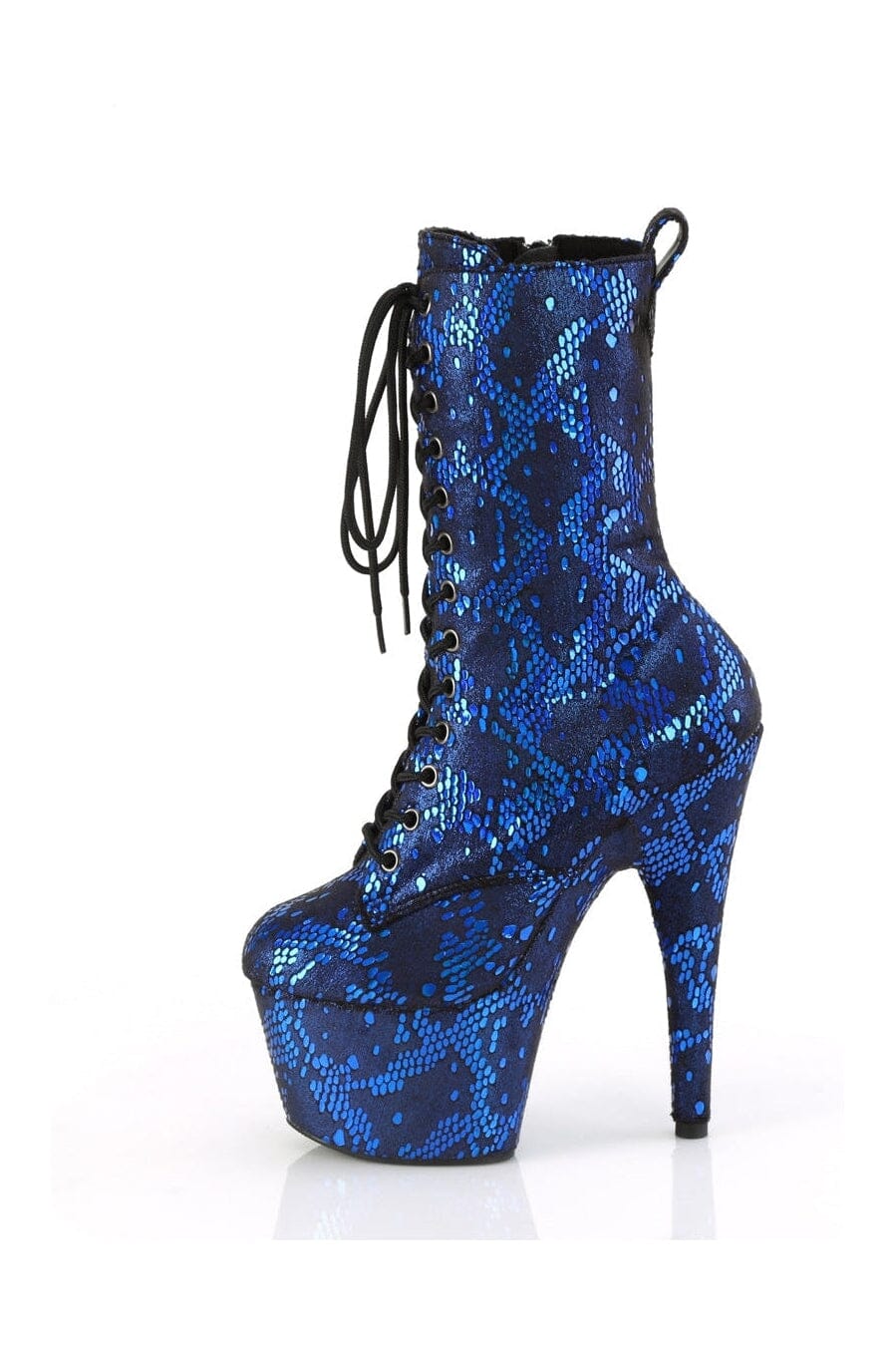 Pleaser Brand ADORE-1040SPF Blue Artificial Snake Pattern Ankle Lace-Up Boots with Side Zipper